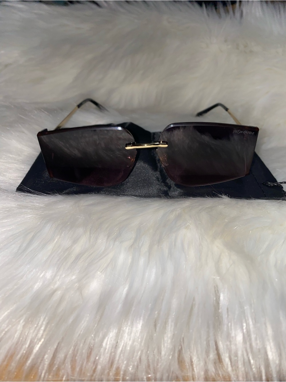 Rectangular Rimless Sunglasses with Gold Bridge - Dark Brown Lenses
